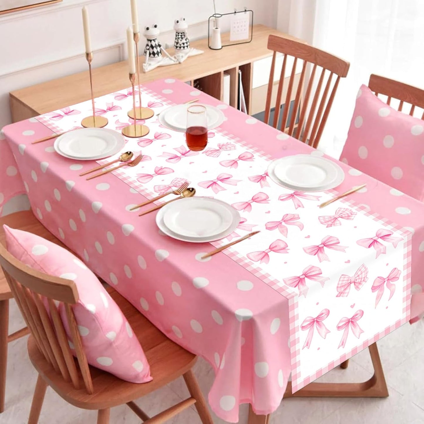 Pink Bow Theme Table Runner, Pink Linen Fabric Table Runner for Everyday Use 72 x 13 Inches, Washable Table Cover for Indoor Outdoor Kitchen Dining Table Home Decor