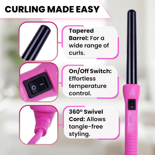 HerStyler Grande Ceramic Curling Iron - 1 inch, Pink (Curling Wand for Long Short Hair, Dual Voltage, Negative Ions, Tapered Barrel, User Friendly, PF30)