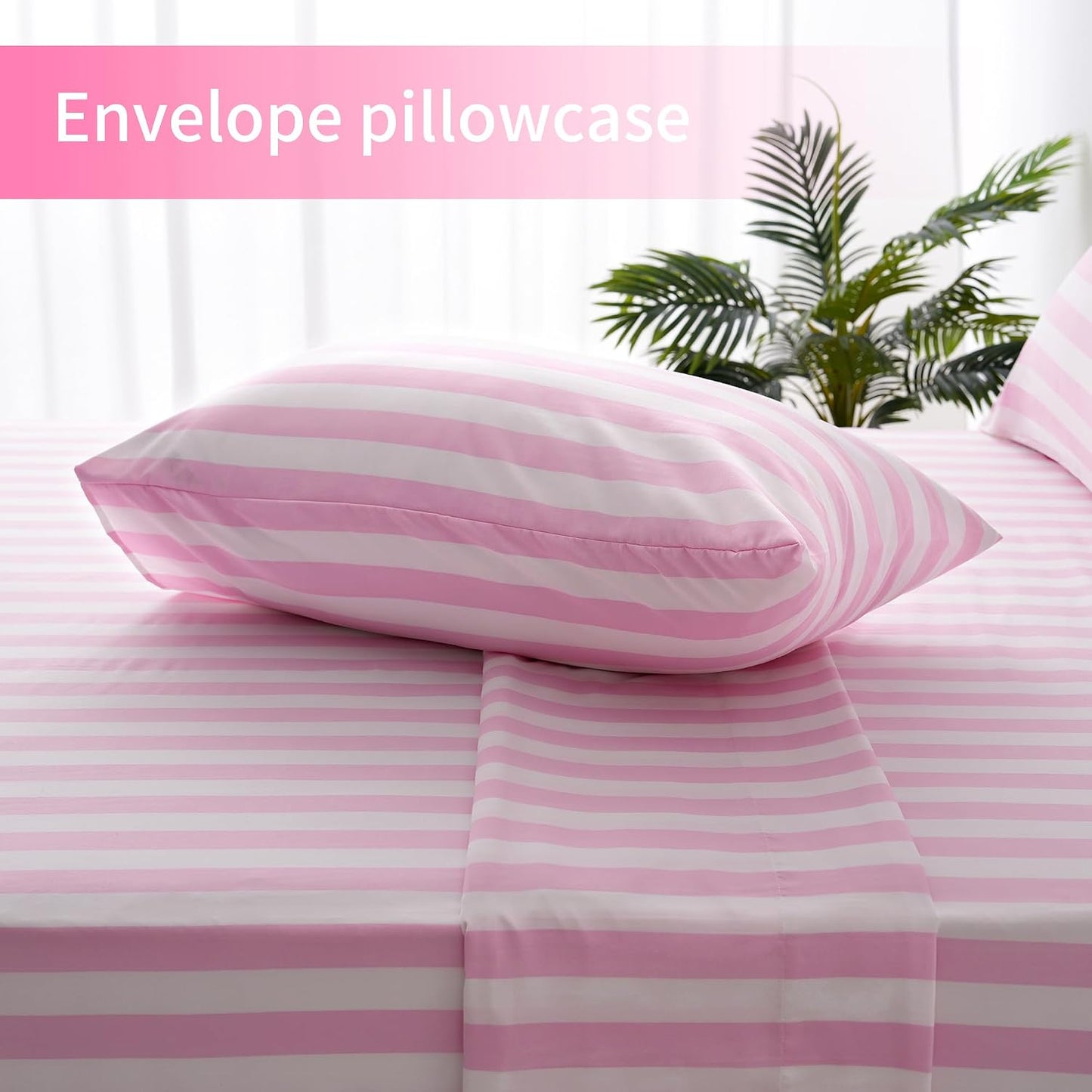 Best Season Queen Size Sheet Set 4 Piece -Pinstripe Microfiber Soft Durable Bedding Sheet Set,Deep Pocket,Stain,Fade & Wrinkle Resistant (Stripe Pink&White)