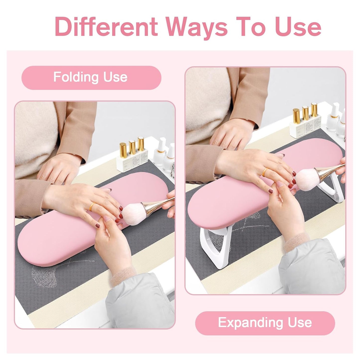 Subay Nail Arm Rest, Foldable PU Leather Manicure Hand Rest for Acrylic Nails Cushion Hand Holder, Nail Arm Rest Pillow Nail Art Tool for Nails Tech Manicure Pedicure Salon Home Use - Pink