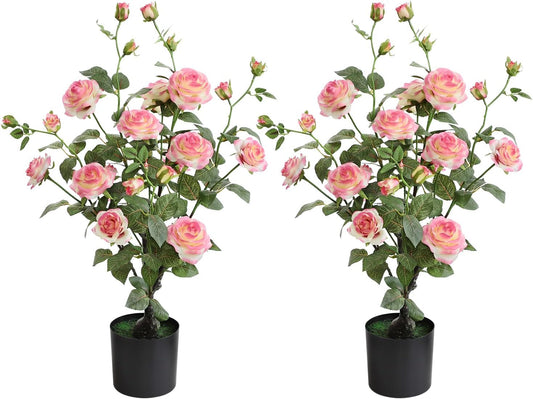 momoplant Artificial Rose Plant 25 Inch Tall Fake Silk Rose Flower Set of 2 Faux Trees with Potted for Living Room Table Kitchen Office Decor (Pink)