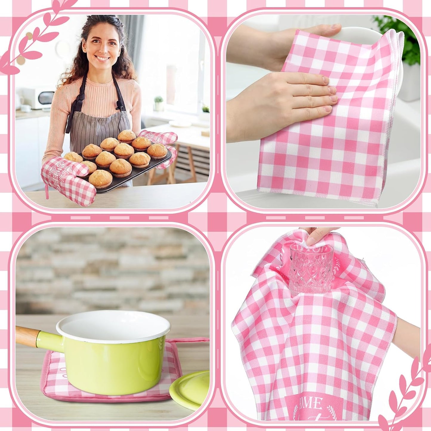 Fourluoo 10 Pcs Kitchen Set Kitchen Towels and Rugs Oven Mitts and Pot Holders Farmhouse Decor for Women Mom Gift Cooking Baking Grilling(Pink White)