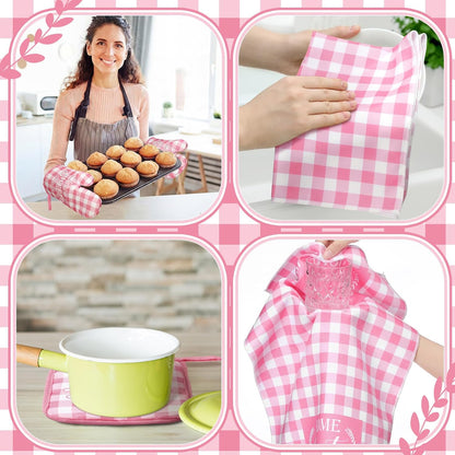 Fourluoo 10 Pcs Kitchen Set Kitchen Towels and Rugs Oven Mitts and Pot Holders Farmhouse Decor for Women Mom Gift Cooking Baking Grilling(Pink White)