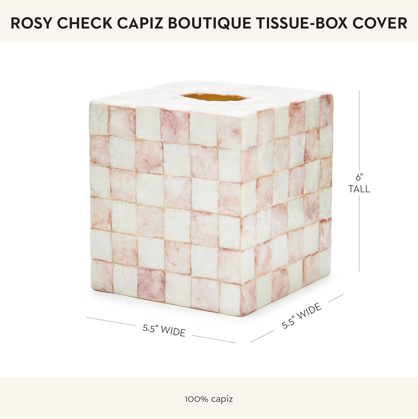 MACKENZIE-CHILDS Boutique Square Capiz Tissue-Box Cover, Decorative Tissue Holder, Pink-and-White Rosy Check