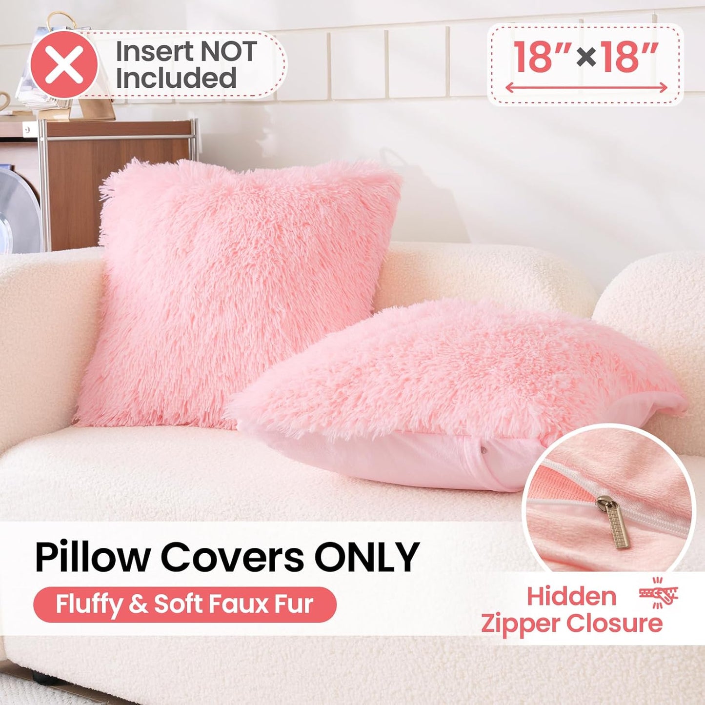 Faux Fur Pink Throw Pillow Covers, Fluffy Soft Fuzzy Decorative Pillow Cases Cute Pillowcases for Home Bedroom Living Room, Zipper Closure, Set of 2 (Pink, 18"x 18")
