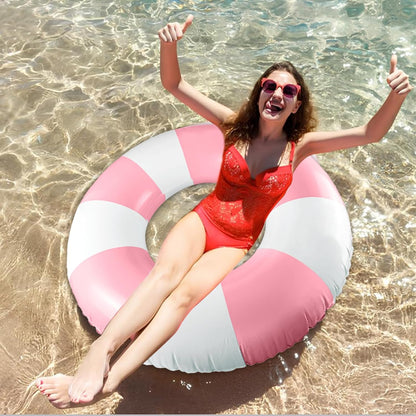 Classic Striped Pool Floats with Handle Inflatable Blue & White Stripes Tubes for Floating Large Swim Rings for Adult Summer Holiday Beach Bachelorette Party