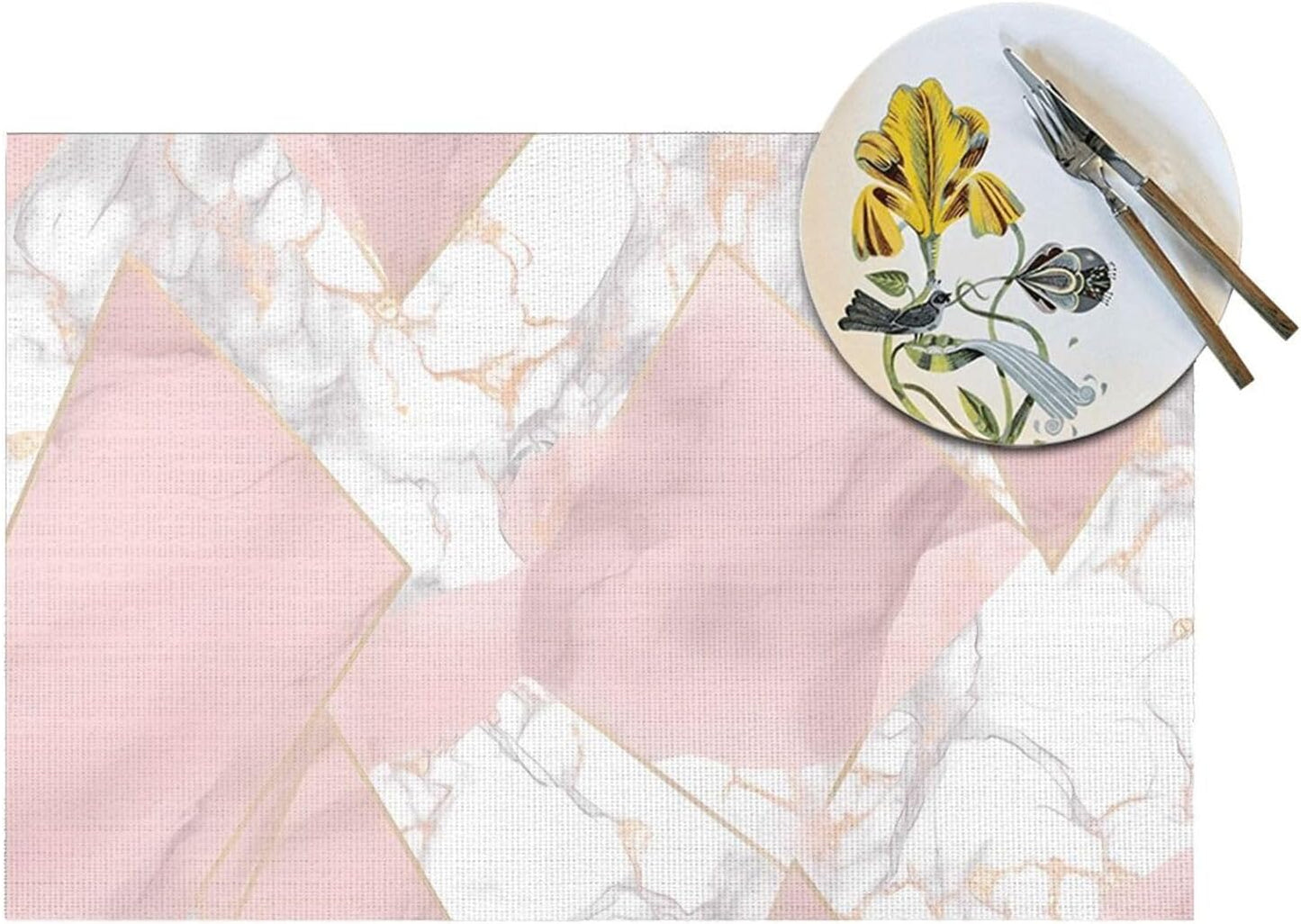 4 PCS Placemats Set Pink and Gold Marble Woven Placemats for Dining Table Heat Resistant Place Mats Non-Slip Washable PVC Table Mats for Party Kitchen Dining Decoration 12 x 18 Inch