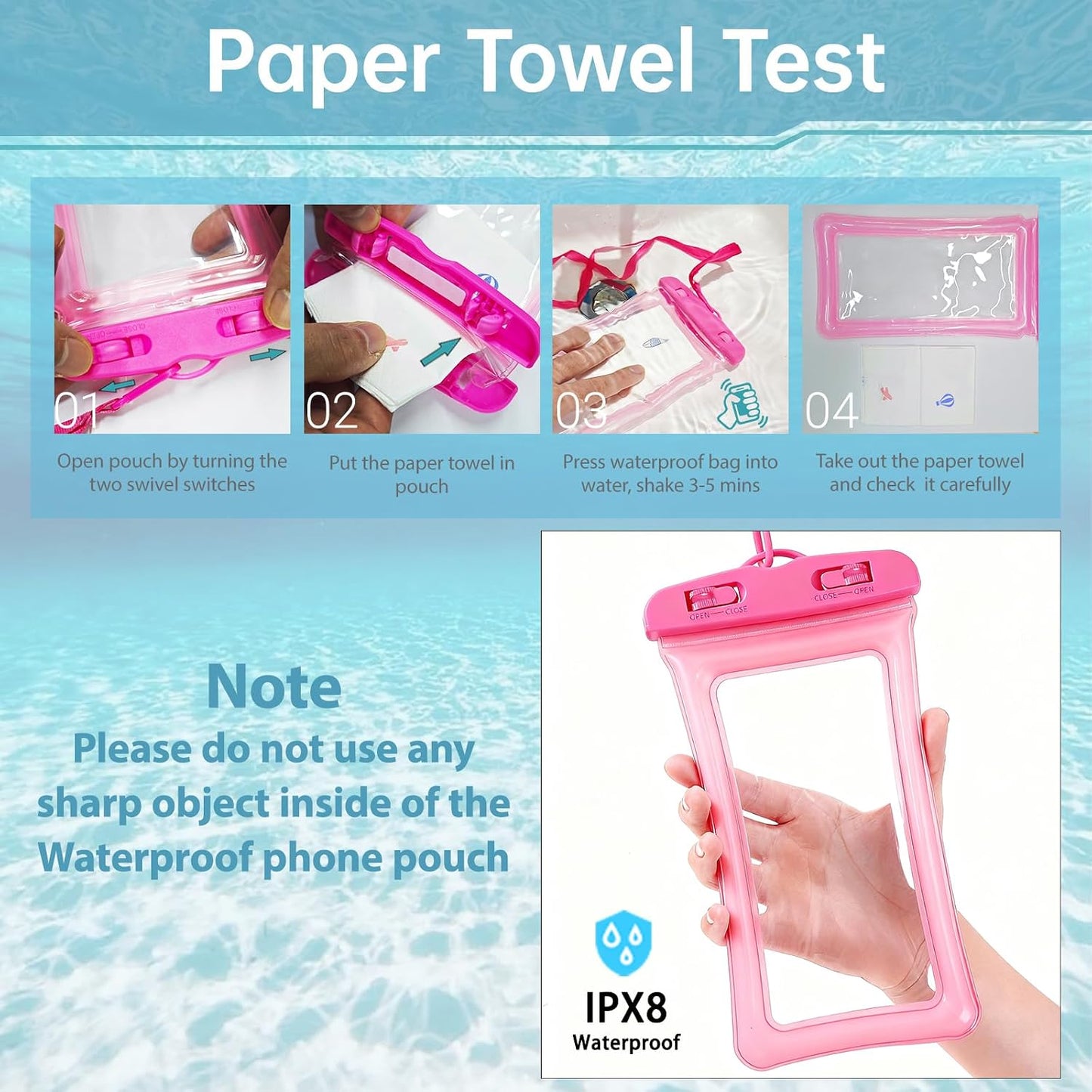 2 Pack Waterproof Phone Pouch, Waterproof Phone Case，Compatible with iPhone 17 16 15 14 13 Pro Max, IPX8 Cellphone Dry Bag Beach Cruise Ship Essentials 8.3"(Blue+Pink)