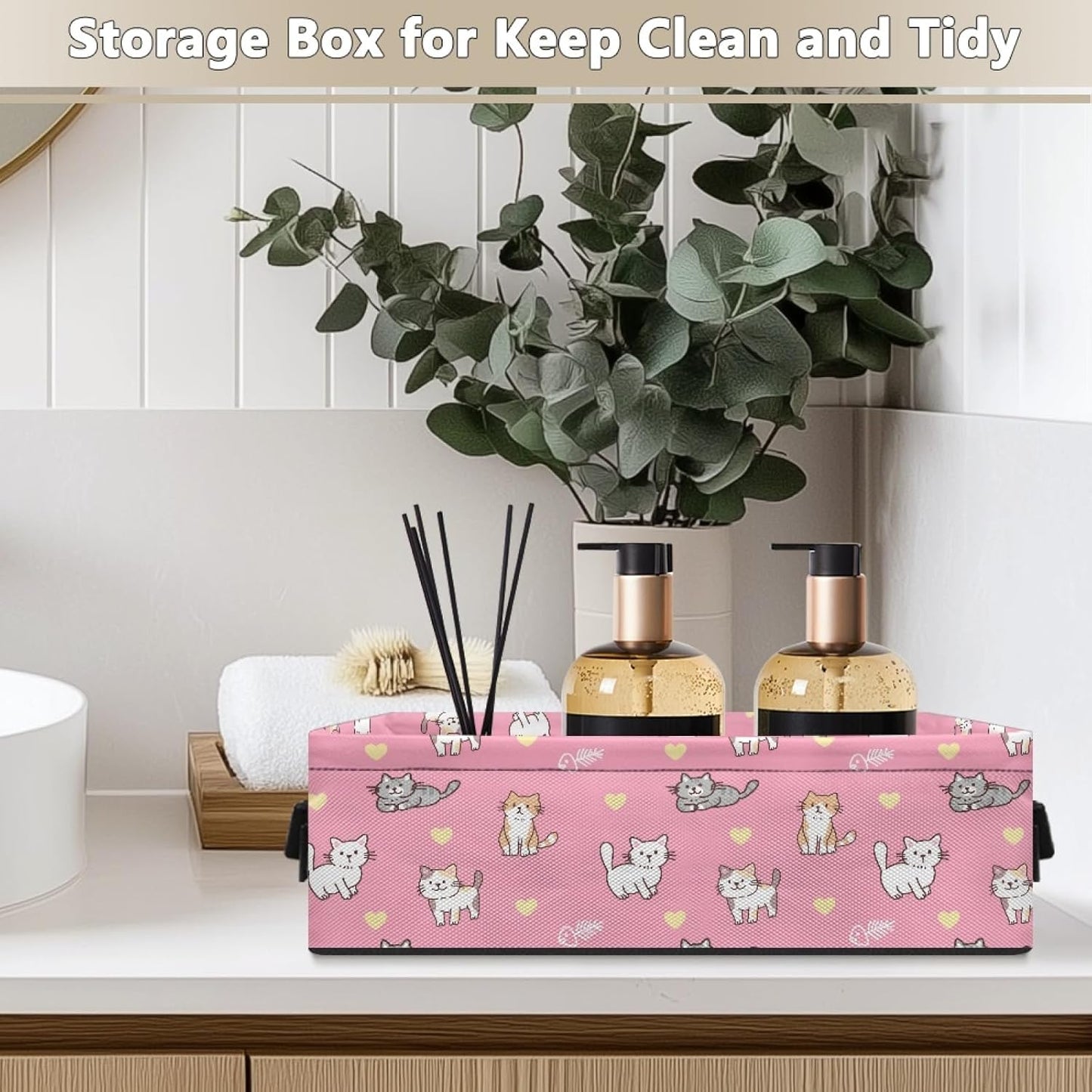 Cute Cat Toilet Paper Storage Basket for Shelf,Heart Toilet Paper Organizer for Bathroom Pink Toilet Paper Bin with Handle for Bedroom Toilet Paper Caddy for Living Room