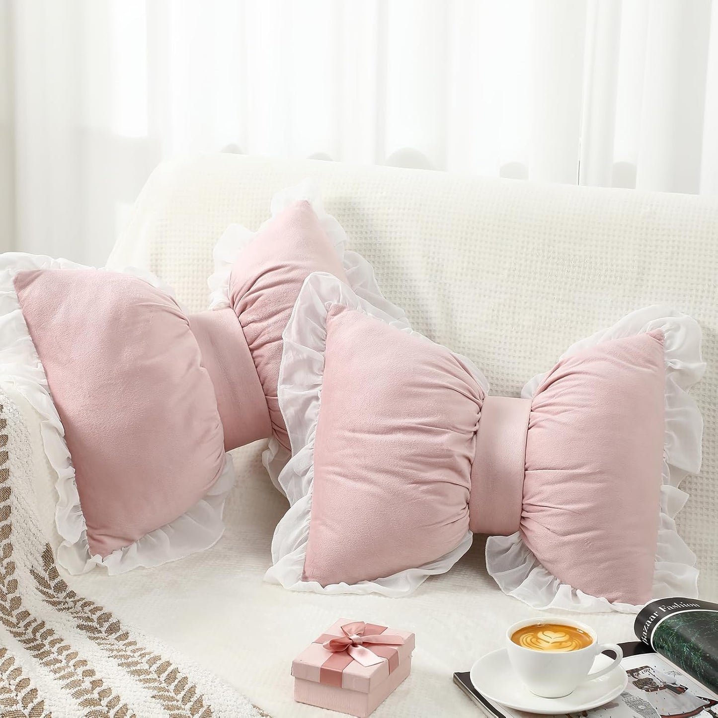 Yousoontic 2 Pcs Bow Pillows 15.7 * 12.6 in Coquette Throw Pillow Cute Bow Shaped Cushion Plush Lumbar Decorative for Girls Room Bed Sofa Couch Car(Velvet,Pink)