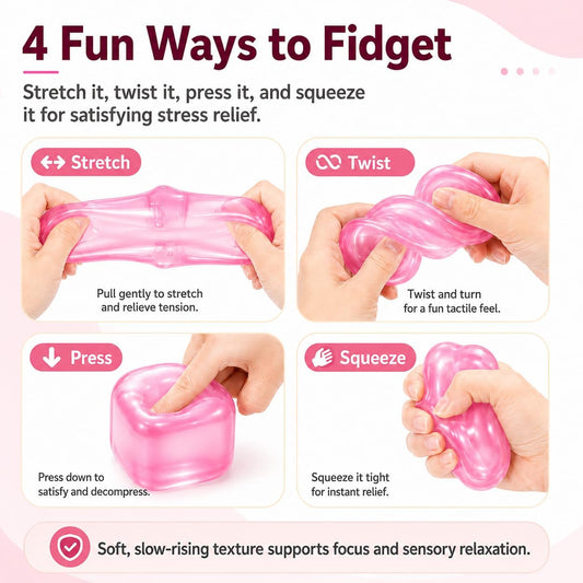 Ice Cube Squishy, Squeeze Stress Cube for Anxiety Relief, Soft Squishy Fidget Toys for Adults, Sensory Gel Ball for Birthday Gift, Desk Accessory（Pink）