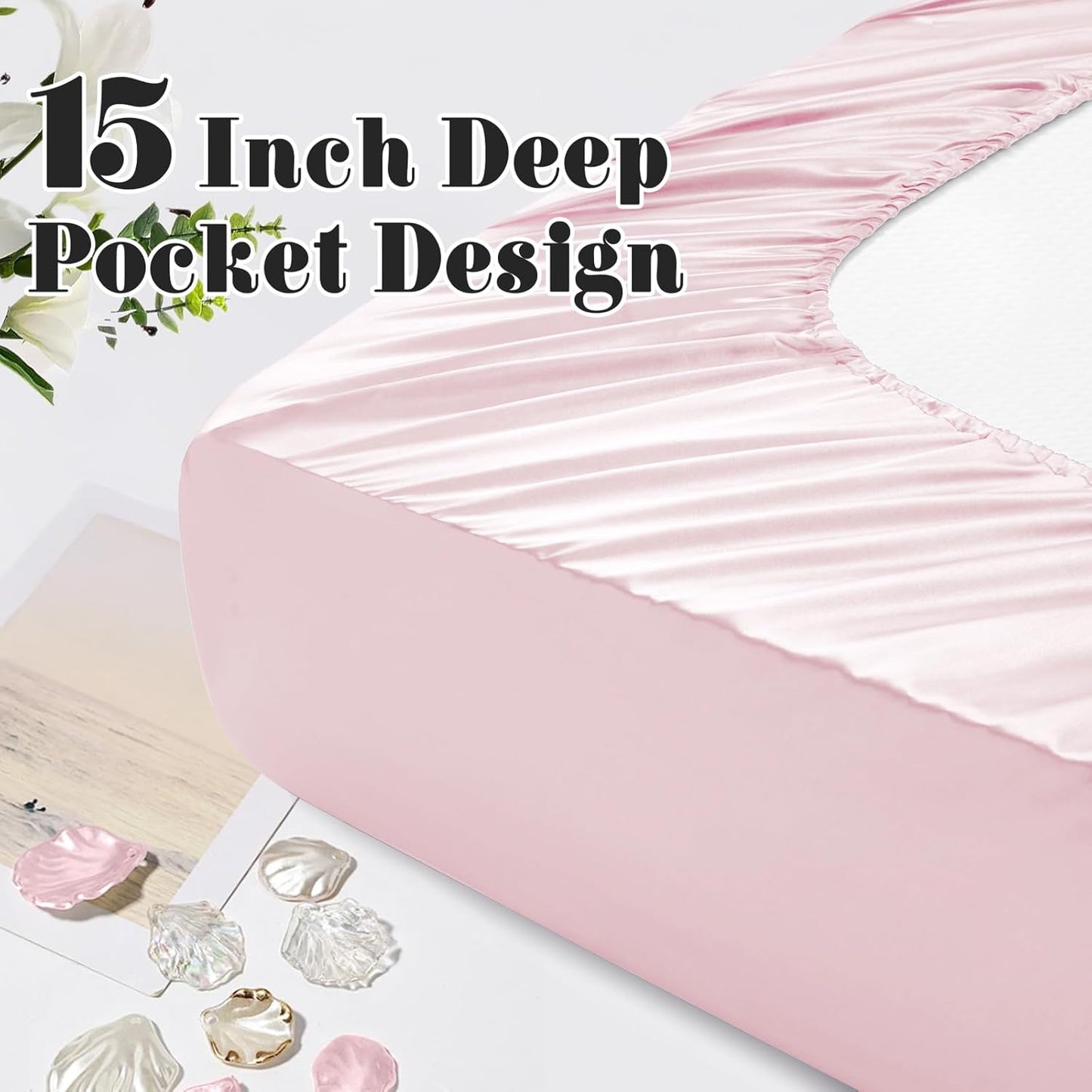 Homiest Ruffled Satin Sheets Queen Size 6pc Set - Blush Pink Bed Sheet Set with 15 Inch Deep Pocket Fitted Sheet, 1 Flat Sheet, 2 Ruffled Pillow Shams & 2 Pillowcases, Similar to Silk Sheets