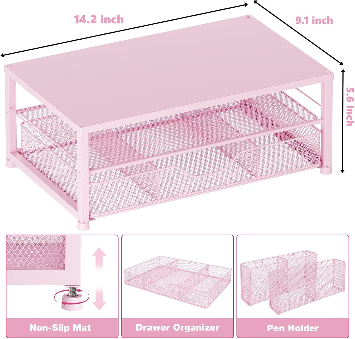 OPNICE Desk Organizers and Accessories, 2-Tier Computer Monitor Stand Riser with Drawer and 2 Pen Holders, Laptop Stand, Office Desk Accessories & Office Decor for Women, Pink