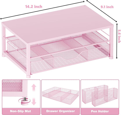 OPNICE Desk Organizers and Accessories, 2-Tier Computer Monitor Stand Riser with Drawer and 2 Pen Holders, Laptop Stand, Office Desk Accessories & Office Decor for Women, Pink