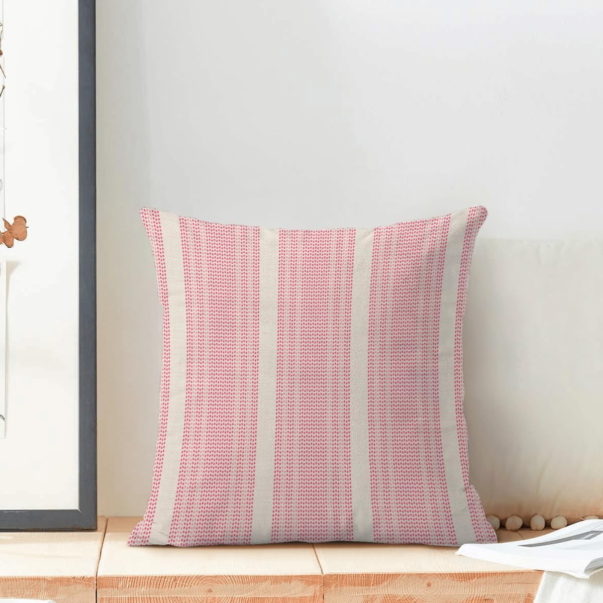 Pink Pillow Covers 18 x 18 Inch Set of 2 Abstract Boho Throw Pillows Pink Polka Dots Striped Decorative Outdoor Pillowcase Linen Cushion Cases for Home Bed Sofa Couch