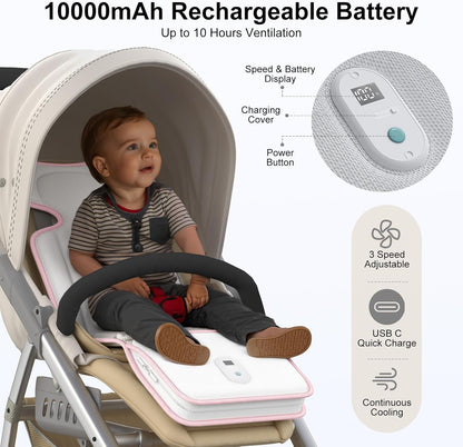 AMACOOL Baby Stroller Cooling Pad, 3D Breathable Carseat Cooling Pad with 2 Built-in Blower, Max 10H Ventilation 3 Speeds 10000mAh Rechargeable Cooling Mat Liner for Toddler Baby Summer Essentials