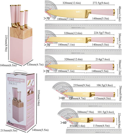 Aesthetic Gold Pink Kitchen Knife Set,7Pcs Gold Titanium Coated Dishwasher Safe Knife Block Sets,Wooden Block with Built-In Sharpener,Luxury Gift for Women Modern Kitchen