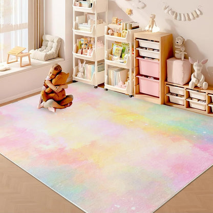 Kids Area Rug 5x6.6 - Pastel Pink Yellow Carpet for Boys Girls Bedroom, Soft Playroom Rug for Toddlers, Washable Nursery Mat, Neutral Modern Abstract Kids Decor for Living Room Classroom