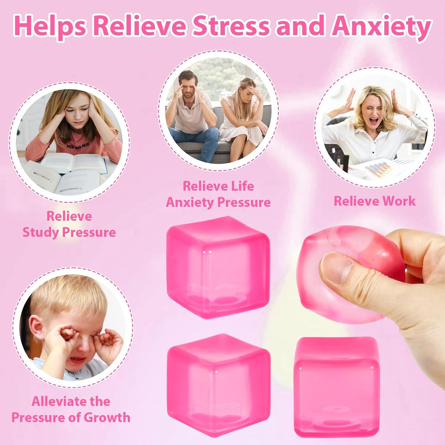 Ice Cube Stress Ball, Medium Cube 5cm(1.98") Fidget Toys, Pink Ice Cube Squishy Cube for Anxiety Relief Stress Reliever, Stress Relief Toys for Adults Kids Children Teens
