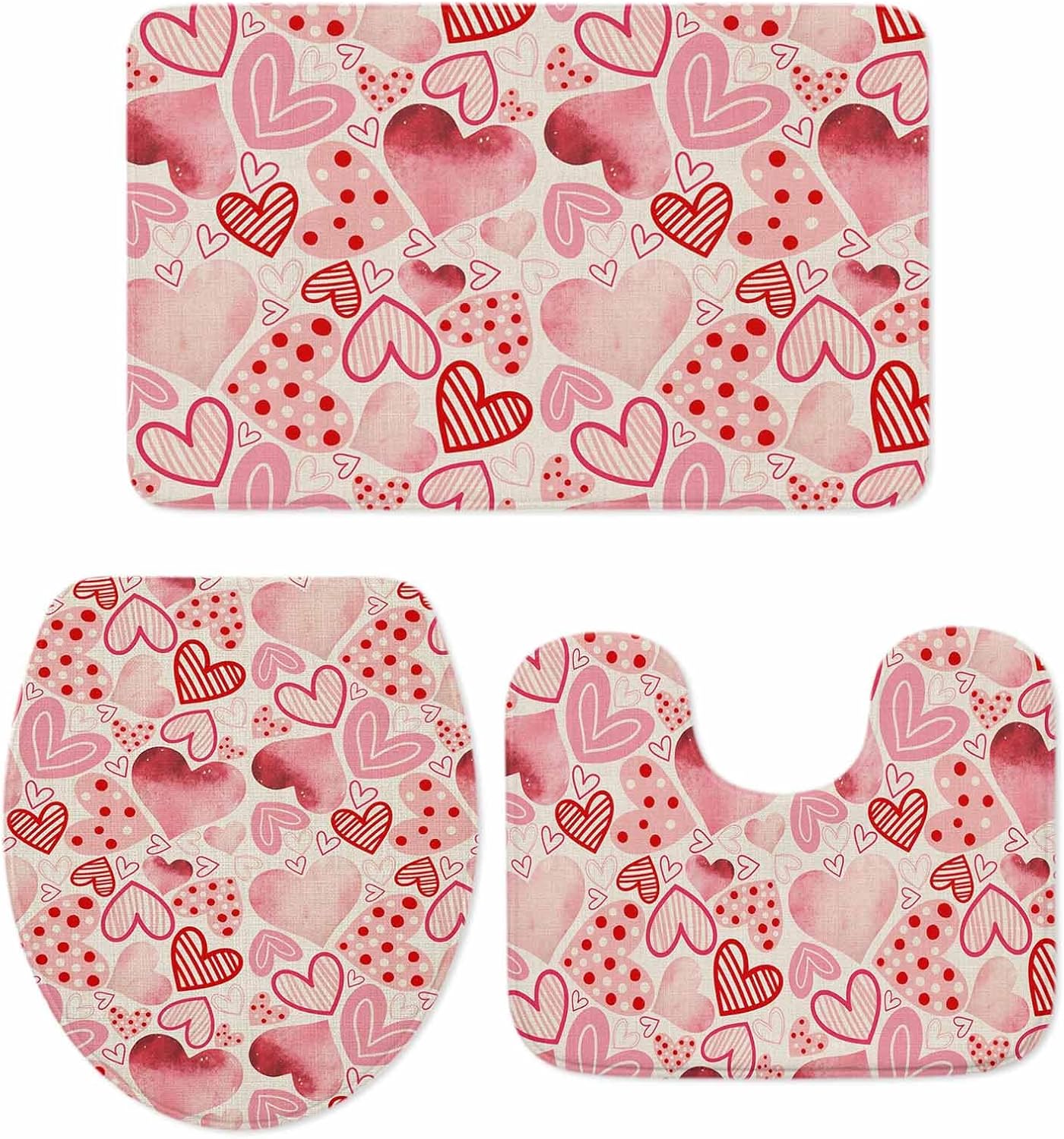 Valentine's Day Bathroom Rug Sets 3 Piece, Non Slip Bath Mat, Romantic Light Pink Loves Polka Dot Absorbent Floor Mats Bath Rugs with U-Shaped Contour Rug Toilet Lid Cover Bathroom Decor Large