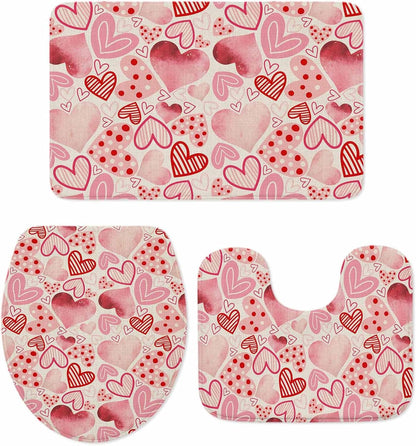 Valentine's Day Bathroom Rug Sets 3 Piece, Non Slip Bath Mat, Romantic Light Pink Loves Polka Dot Absorbent Floor Mats Bath Rugs with U-Shaped Contour Rug Toilet Lid Cover Bathroom Decor Large