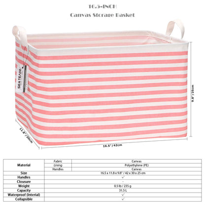 Sea Team Collapsible Canvas Fabric Storage Basket with Handles, Rectangle Waterproof Storage Bin, Box, Cube, Foldable Shelf Basket, Closet Organizer, 16.5 x 11.8 x 9.8 Inches, Pink Stripe