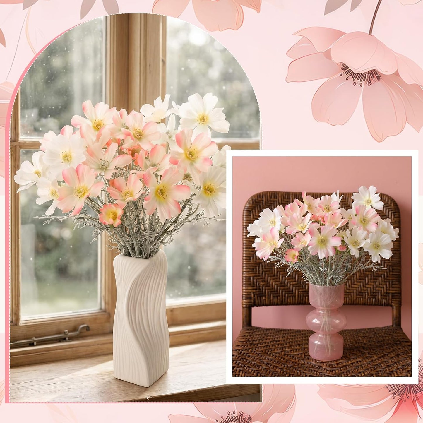 6 Pcs 23.6 Inch Pink White Artificial Flowers Cosmos for Vase,Pink Fake Flowers Artificial Silk Flower Arrangements with Stems for Wedding Bouquets Table Centerpieces Home Decor