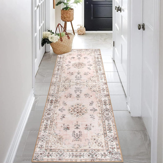 Lahome Washable 2x6 Kitchen Runner Rugs, Retro Distressed Pink Floral Print Runner for Hallway Bathroom Entryway, Low Pile Non-Slip Water Repellent Stain Resistant Mat for Floor Protection