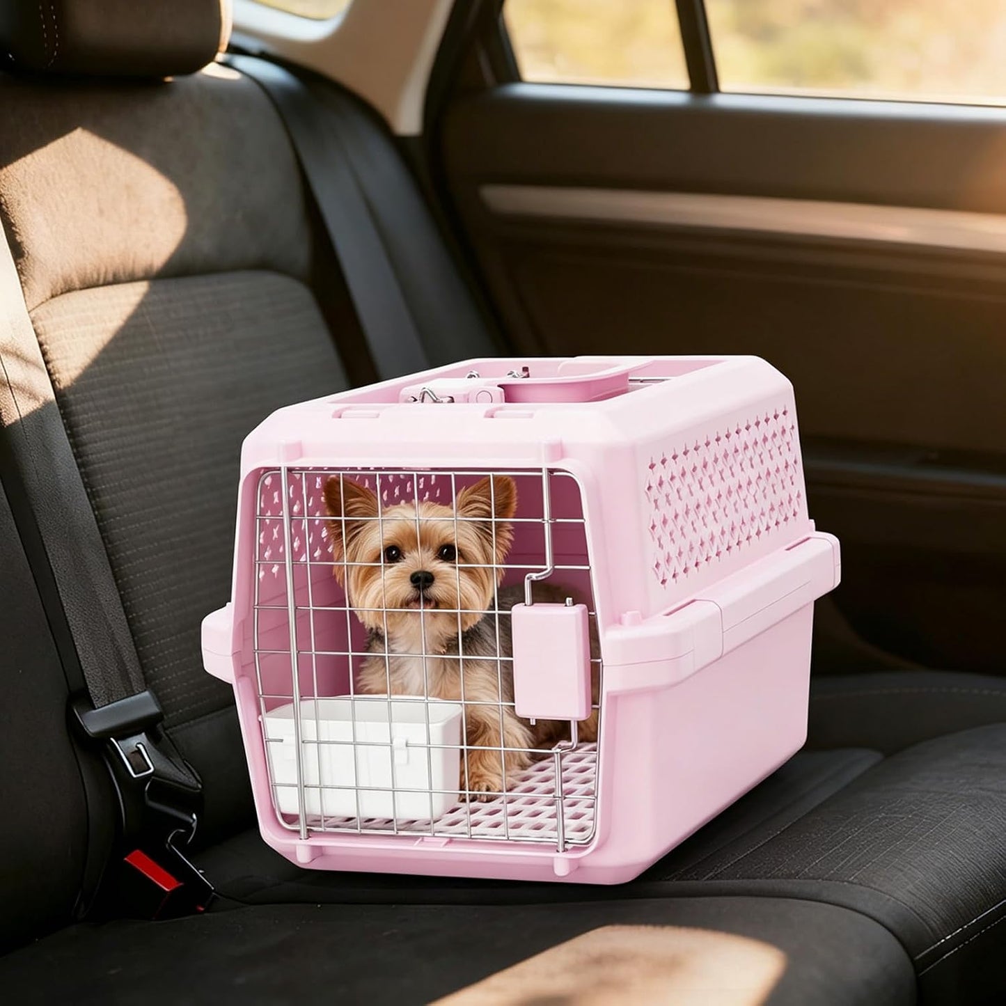 RIZZARI Small Hard Sided Pet Carrier, Ventilated Plastic Travel Crate with Metal Door and Top Handle for Small Dogs and Cats, Pink Small, Ideal for Car Travel Vet Visits and Daily Use