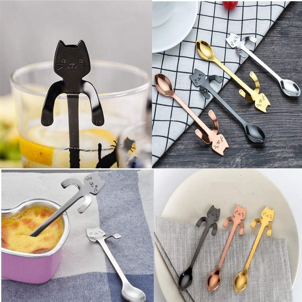 4 Pack Mini Cat Spoon Coffee Tea Spoon Set 304 Stainless Steel Cute Hang Cup Spoon Tableware Flatware Kitchen Gadget for Spice/Salt/Suger Dessert Picking Tea Coffee Drink Mixing (Rose gold)