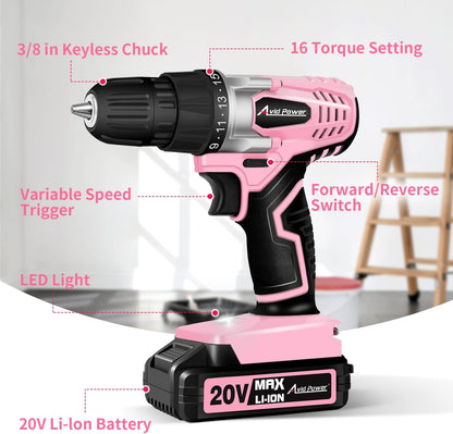AVID POWER 20V Cordless Drill Set for Home DIY & Beginner Projects - Lightweight Power Drill with Battery Charger & 22 Bits, Variable Speed, 3/8" Keyless Chuck, Ideal for Furniture Assembly (Pink)
