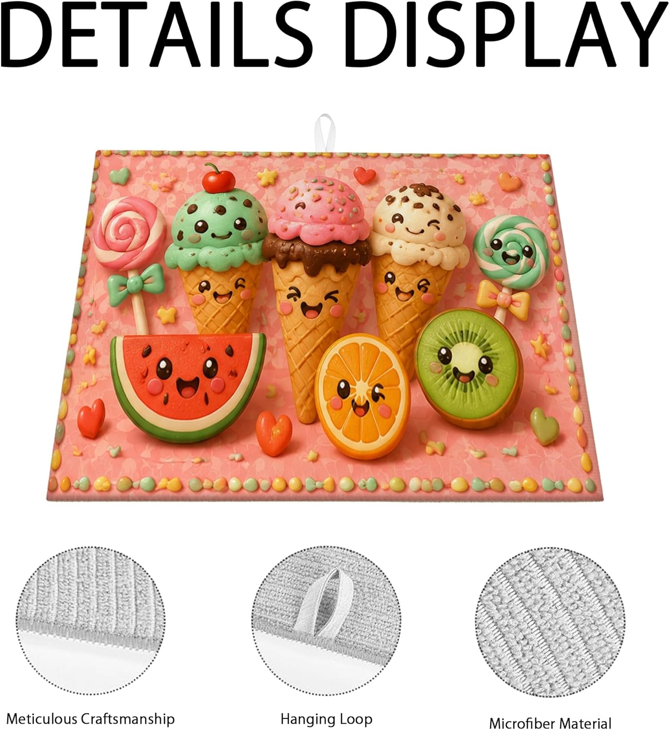 Cute Ice Cream Dish Drying Mats for Kitchen Counter, Peach Playful Cartoon Absorbent Dish Drainer Rack Mat, Summer Microfiber Drying Pad for Coffee Bar Protector 16x18 Inch