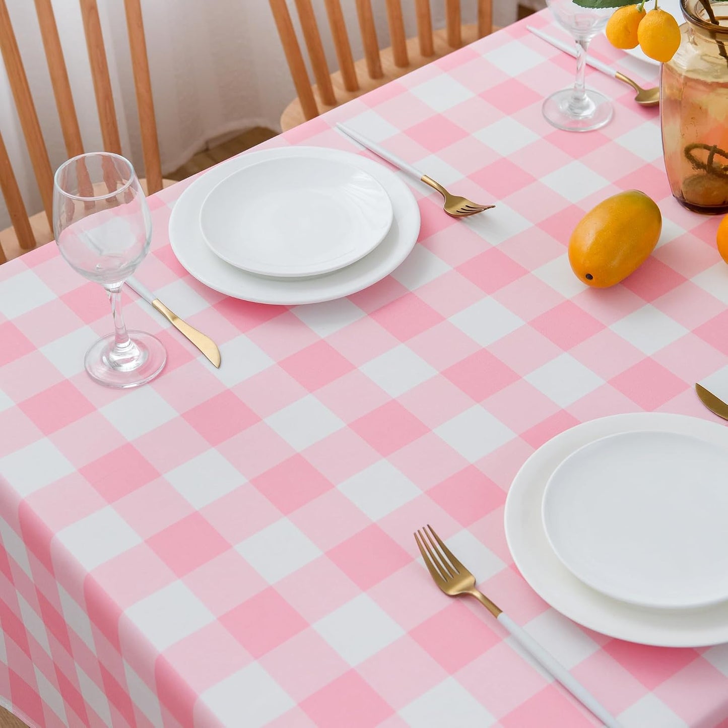 Pink Gingham Tablecloth Rectangle Table 60" X 120" - Oblong Polyester Pink and White Checkered Plaid Table Cover Reusable Water Resistant for Spring Valentine Summer Holiday Picnic Dinner Décor