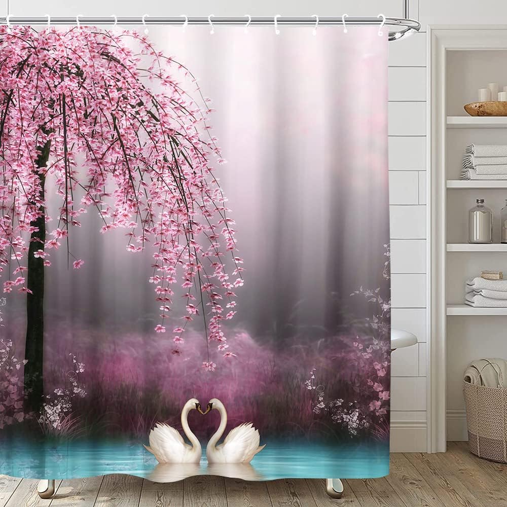 Cherry Blossoms Swan Shower Curtain Pink Peach Blossom Tree Flowers Lovers Swans Heart Shaped Dream Spring Garden Romantic Floral Plants Animals Valentine's Day Girl Gift Bathroom Bathtub Decor