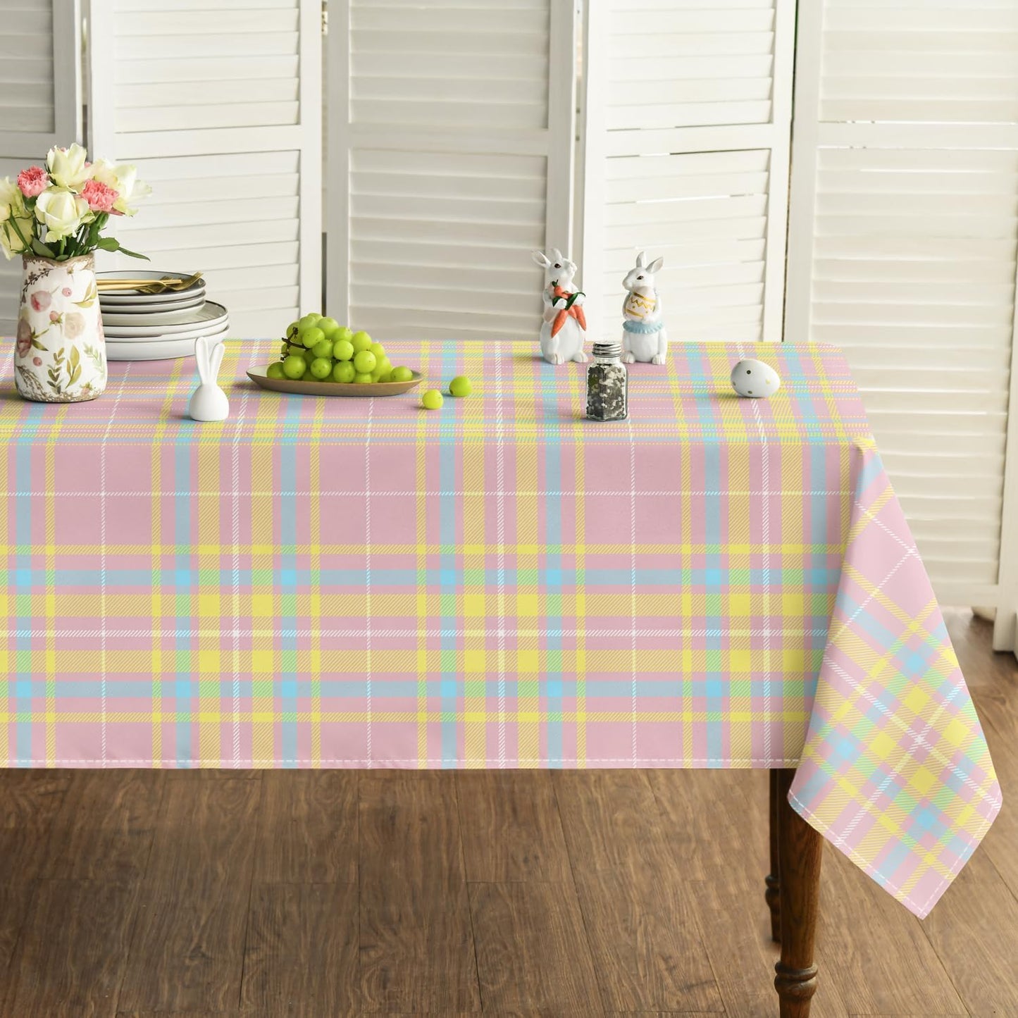 Horaldaily Easter Tablecloth 60×84 Inch Rectangular, Pink Buffalo Plaid Washable Seasonal Table Cover for Party Picnic Dinner Decor