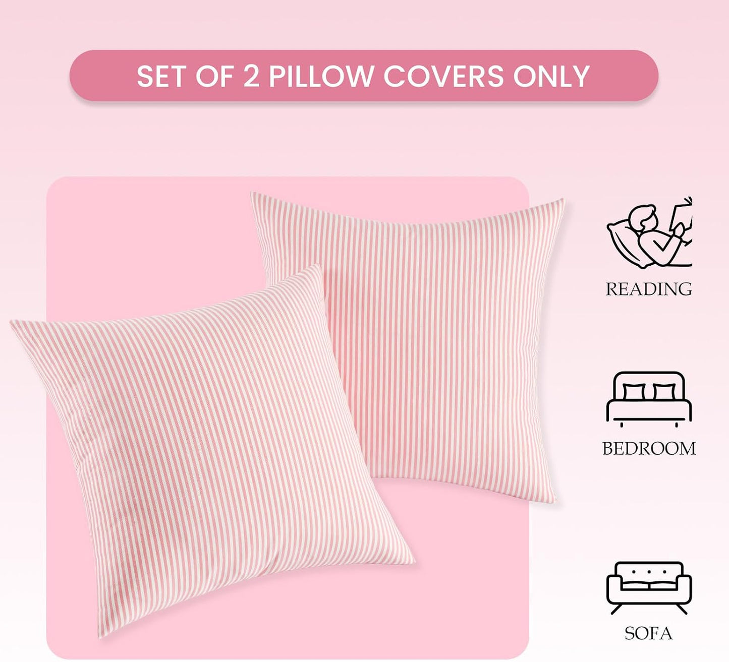 Spring Light Pink Striped Throw Pillow Covers 18x18 Set of 2, Farmhouse Outdoor Decorative Stripe Pillow Covers For Patio Furniture, Funky Blush Pink Throw Pillows 18 x 18 (No Pillow Inserts)
