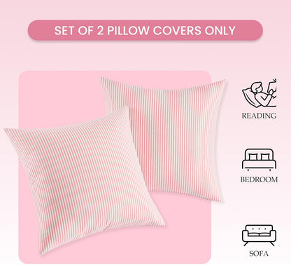 Spring Light Pink Striped Throw Pillow Covers 18x18 Set of 2, Farmhouse Outdoor Decorative Stripe Pillow Covers For Patio Furniture, Funky Blush Pink Throw Pillows 18 x 18 (No Pillow Inserts)