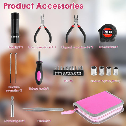 23Pcs Household Repair Tool Kit Multifunctional Pink Home Hand Tool Set with Storage Bag Portable Women Repair Tool Combination Set with for DIY Home Repair(Pink)