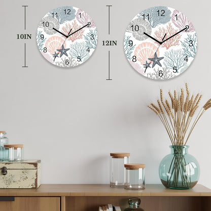 Underwater World Wall Clock Battery Operated Non-Ticking 10" Round Wood Clocks, Marine Life Starfish Coral Shell Pink Kitchen Wall Clock for School Bathroom Living Room Home Office Wall Decor