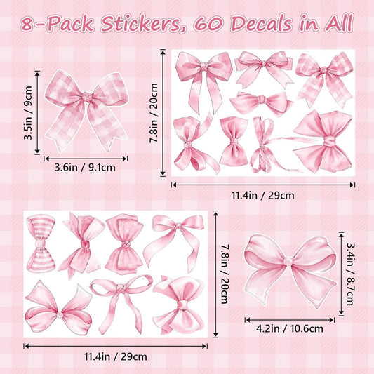 8 Sheets Pink Bow Wall Stickers, 60Pcs Light Pink Bow Wall Decals for Girls Room Decor, Watercolor Bow Wallpaper Coquette Aesthetic Peel and Stick for Kindergarten Nursery Bedroom Home Decor