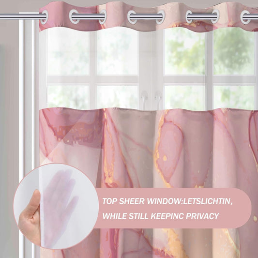 Lnond No Hooks Shower Curtain with Snap in Liner, Pink Gold Marble Hookless Shower Curtain for Bathroom,Machine Washable, 71" (W) X 74" (H)