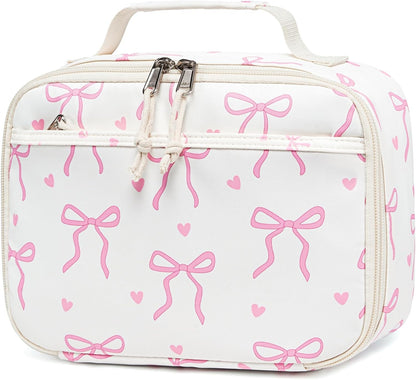 LOIDOU Insulated Lunch Bag for Kids Girls, Cute Bow Insulated Lunch Box Bag for Toddler, Womens Small Lunch Tote, Lunch Box Containers for School Work Picnic, Pink