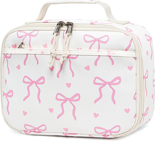 LOIDOU Insulated Lunch Bag for Kids Girls, Cute Bow Insulated Lunch Box Bag for Toddler, Womens Small Lunch Tote, Lunch Box Containers for School Work Picnic, Pink