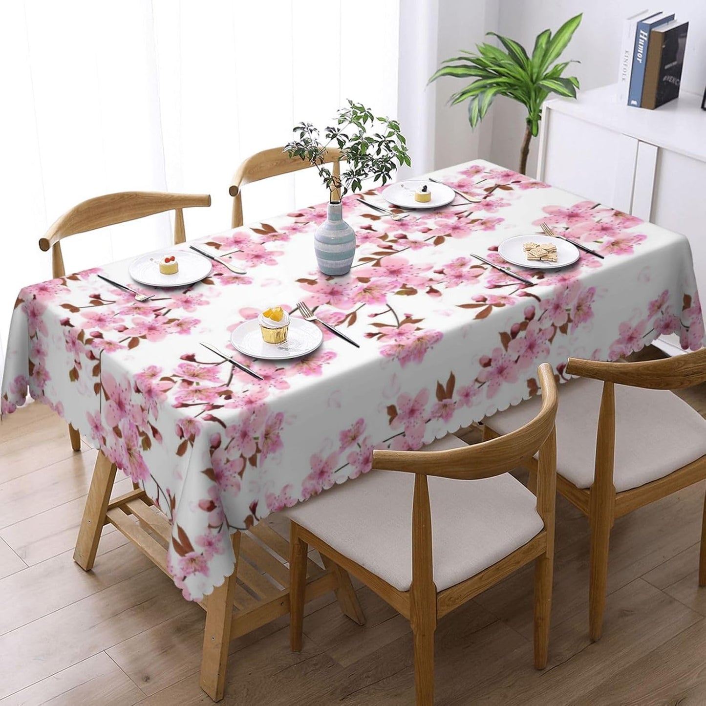 Cherry Flower Rectangle Tablecloths Japanese Pink Floral Table Cloths Dacorative Kitchen Dining Tablecloth for Rectangular Tables,Washable Table Cover for Party 54 x 72 Inch