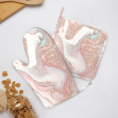 Rose Gold Glitter Coral Gray Pastel Marble Oven Mitts and Pot Holders Set Heat Resistant Non-Slip Silicone Mittens with Gloves and Hot Pads Potholders for BBQ Kitchen Baking Cooking, Quilted Liner