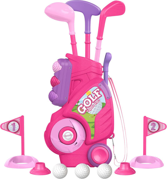Liberry Toddler Golf Set for 1 2 3 4 Years Old, Upgraded Kids Golf Cart with Unique Shoulder Strap Design, Indoor and Outdoor Golf Toys Gifts for Girls Boys (Pink)