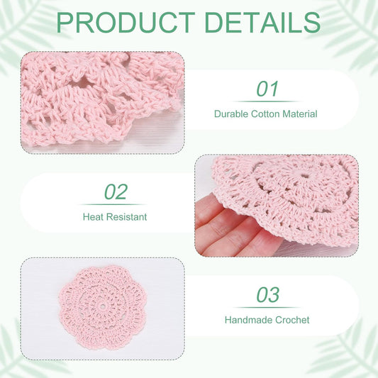 M METERXITY 8-Pack Handmade Crochet Coasters, 4Inch/10cm Round Cotton Placemats for Table/Cup/Bowl/Vase/Tea Trays/Home Decoration, Lace Doilies Place Mats [Light Pink]