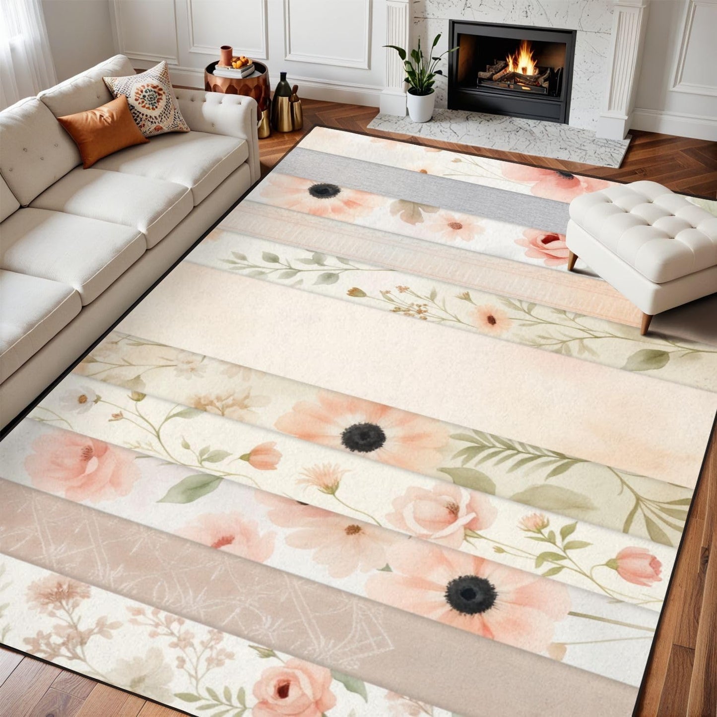 8x10 Area Rugs for Bedroom Boho Washable Rug for Living Room Soft Pastel Floral Pink Peach Flowers Light Extra Large Soft Rubber Backed Non-Slip Carpets for Office Dining Room