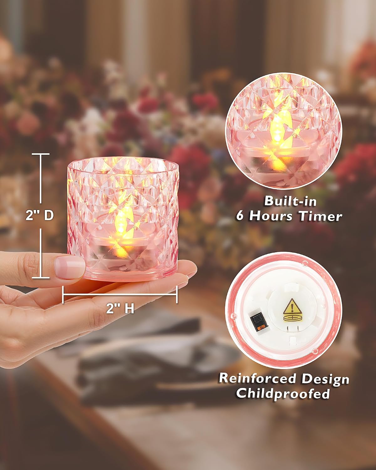 Homemory 2" x 2" Acrylic Votive Candle Holders with Auto Timer Flameless Led Tealight with, Battery Powered Fake Electric Candles for Wedding Centerpiece, Table, Christmas Decor (12Pack, Pink Base)