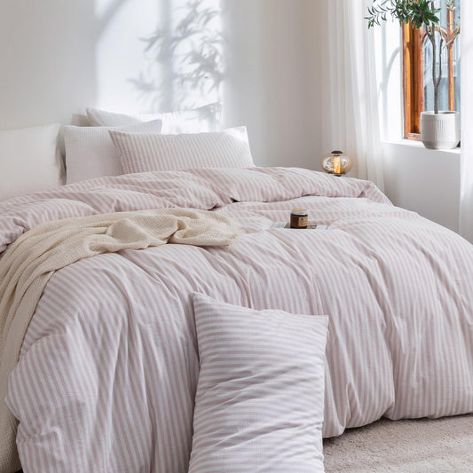 FOSSA Striped Duvet Cover Set 100% Washed Cotton Linen Feel Super Soft Breathable Cozy 3 Pieces Bedding Sets Greyish Pink White Classic Stripes Twin